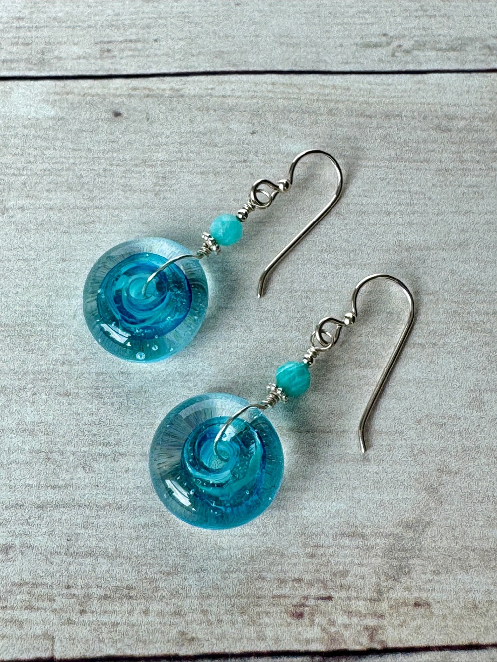 Turquoise Glass Disc Drop Earrings with Amazonite Beads